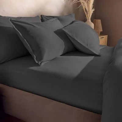Image of Silentnight Washed Cotton Rich Fitted Sheet Soft Stylish Linen Look Comfortable Bottom Deep Fit with Elasticated Corners Breathable Fabric Machine Washable, Double Bed Mattress, Charcoal