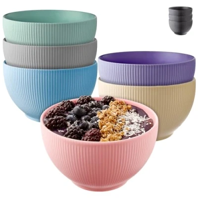 Image of Praknu Cereal Bowls Set of 6 Ceramic Colorful Large Bowl Microwave &amp; Dishwasher Safe 700 ml Soup