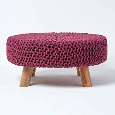 Image of HOMESCAPES Plum Knitted Pouffe Footstool Occasional Seat 100% Cotton for Living Room Children or the Elderly