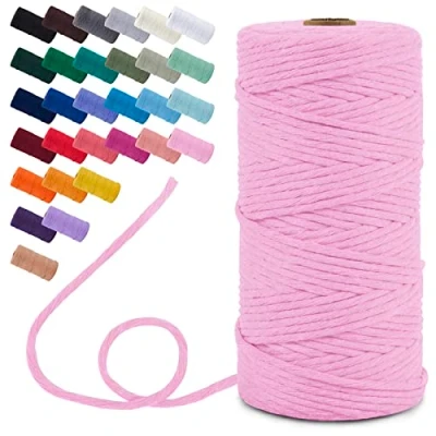 Image of Uiopa Macrame Cord 3mm x 100m, Single Strand Yarn Thick Thread Natural Cotton Cord, Coloured Craft String for DIY Crafts, Wall Hanging, Plant Hanger, Tassels (Pink)