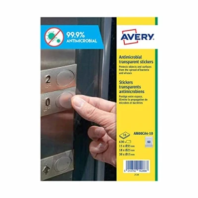 Image of Avery Antimicrobial Film Round Stickers for Buttons, self Adhesive Clear Film, Assorted Sizes 63 Labels per Sheet, 10 Sheets Pack (AM00CA4)