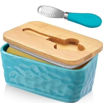 Image of Ceramic Butter Dish with Lid and Knife Porcelain Container Cutter Easy Spread Kitchen Accessories Tableware (Light Blue)