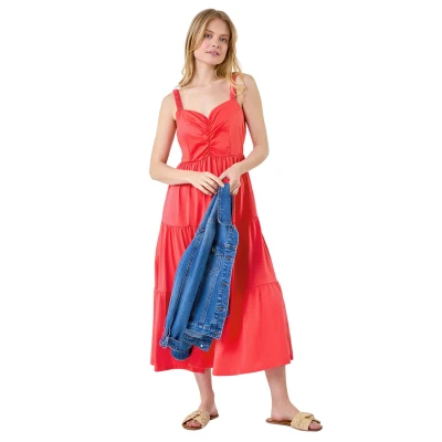 Image of Roman Originals Cotton Strappy Tiered Midi Dress for Women UK Ladies Everyday Holiday Spring Summer V Neckline Comfy Soft Evening Vacation Work Party Coral Size 12
