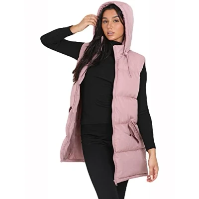 Image of Brave Soul Women&#039;s Padded Long Gilet Hooded Puffer Casual Zipper Body Warmer Jacket Top Dusty Pink 8