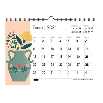 Image of Miquelrius Wall Calendar 2024, A3 Size: 420 x 296 mm, With Room to Note, Double Spiral Binding, Spanish, Peony Rose Design, Vases