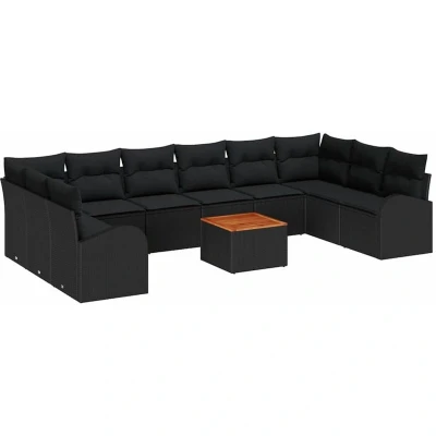 Image of vidaXL 11 Piece Garden Sofa Set with Cushions Black Poly Rattan Acacia