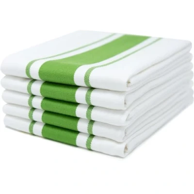 Image of 100% Cotton Tea Towel Green Stripe Pattern, Pack of 5 Kitchen Set Absorbent, Strong, Quick Dry &amp; Machine Washable for Home Decor Bathroom Accessories
