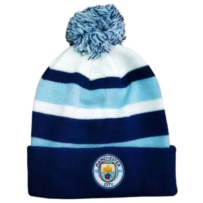 Image of Man City Bronx Turn Up Knitted Bobble Hat Sky Navy White