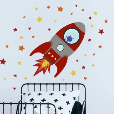 Image of Stickerscape Flying Rocket Wall Sticker (Red Large) Nursery Stickers, Space Decor, Decal Easy to Apply, Cleanly Removable