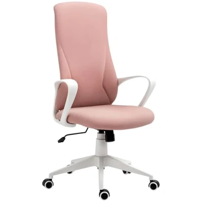 Image of Vinsetto High Back Office Chair, Fabric Desk Chair with Armrests, Adjustable Height, Swivel Wheels, Pink