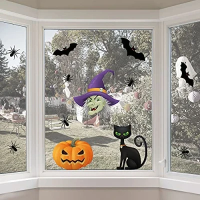 Image of Articlings Halloween Window Clings Witches Head, Pumpkin, Black Cat, Bats, and Spiders Non adhesive Stickers Quickly Decorate your Windows