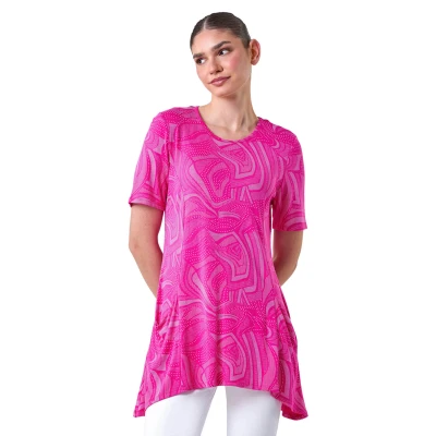 Image of Roman Originals Swing Top with Pockets for Women UK Ladies Hanky Hem Asymmetric Tunic Blouse Longline Long Stretch Jersey Casual Round NeckTee Shirt T Cerise Size 10