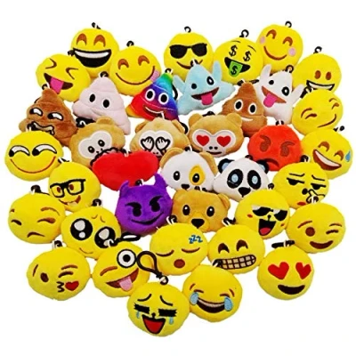 Image of JZK 38 x Mini plush emoticon keychain keyring 5cm / 2 inch yellow small smiley face backpack key chain for kids adult birthday party favours keepsake giveaways gift, bag fillers