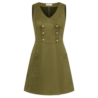 Image of Belle Poque Women Formal Midi Dress Double Breasted A Line Graduation Dark Green XL