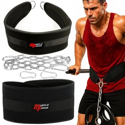 Image of MuscleForge Neoprene Dip Belt, Adjustable Size with 240 kg Chain &amp; Carabiners for Strength Training, Pull Ups, Dips