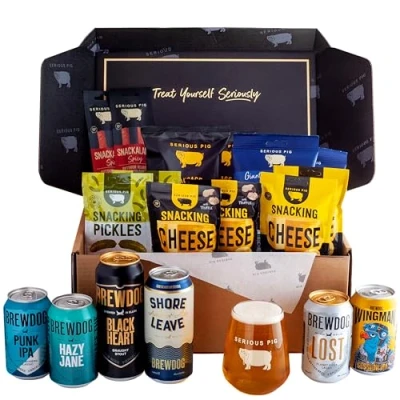 Image of Serious Pig + Brewdog &#039;Big Night In&#039; Gift Hamper Craft Beer and Snacks With Glassware Tasting Notes (18 Pack)