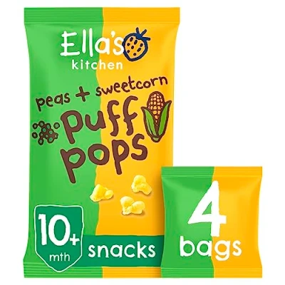 Image of Ella&#039;s Kitchen Organic Peas and Sweetcorn Puff Pops Snacks 10+ Months 4 x 9g (36g)