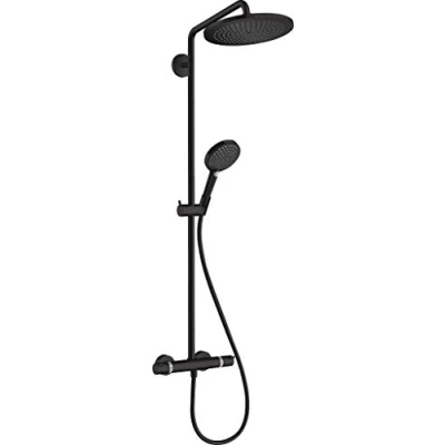 Image of hansgrohe Croma Select S 280 Rain Shower System (Overhead Shower, Head, Rail, Thermostat, Hose, 3 Jet Types) Matte Black