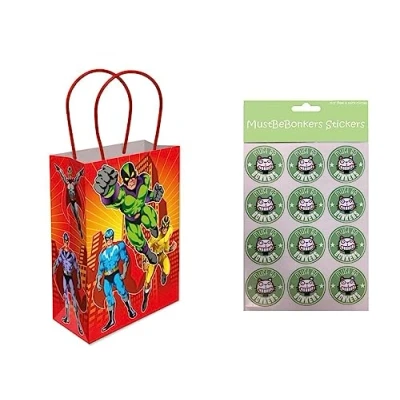 Image of SUPERHERO PARTY PAPER TREAT LOOT GIFT BAG BIRTHDAY GOODY BAGS WITH STICKERS (8 Bags)