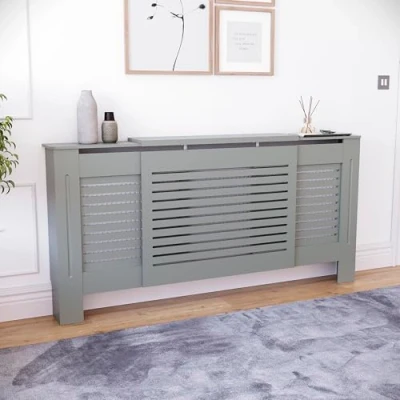 Image of Vilda Designs Milton Adjustable Grey Radiator Cover Modern Slatted Heating Cabinet, Easy DIY Fit, Ideal for Living Room, Hallway or Bathroom