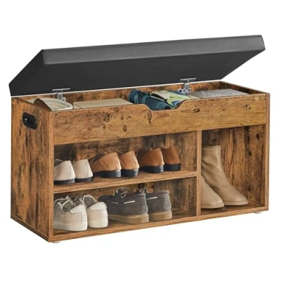 Image of VASAGLE Shoe Bench with Cushion, Storage Padded Seat, 3 Compartments, Hidden Storage, Shelves, Living Room Lounge Hallway Bedroom, Load Capacity 150 kg, Rustic Brown LHS30BX