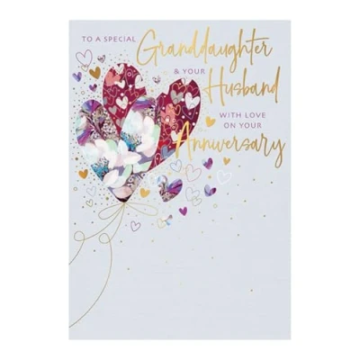 Image of Granddaughter and Husband Anniversary Card Floral Love Heart Balloons Contemporary Design Special Finishes Illustrated Insert Leaf Made in the UK Eco Friendly