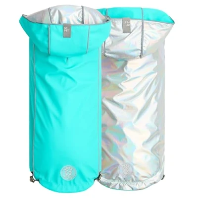 Image of GF Pet Dog Raincoat Elasto Fit Reversible Coat for Dogs Waterproof Hooded Jacket Neon Aqua &amp; Iridescent Large