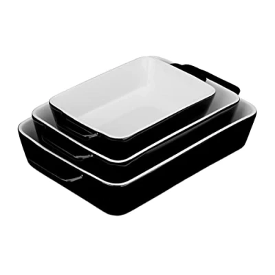 Image of Relaxdays Set of Casserole Dishes in 3 Sizes, Rectangular, for Lasagna, Roast, Tiramisu, Ceramic Oven Form, Black/White