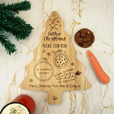 Image of eBuyGB Personalised Father Christmas Please Stop Here Xmas Eve Board, Tree Shaped Treat Plate, Mince Pie or Cookie for Santa Claus, Milk Carrot Rudolph &amp; Reindeers, Wooden Snack Tray