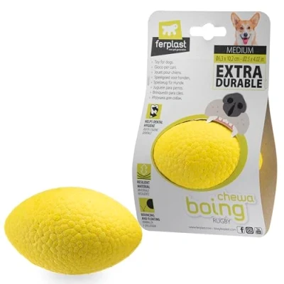 Image of Ferplast CHEWA BOING RUGBY Dog Toy Super Bouncing &amp; Floating Innovative Chewing Resistant Material 3D Texture for Dental Hygiene Ultra Durable Italian Design Size M, Yellow