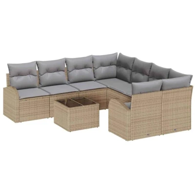Image of vidaXL 9 Piece Garden Sofa Set with Cushions Beige Poly Rattan