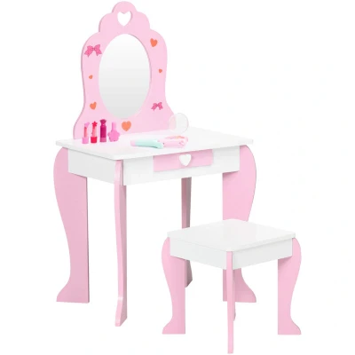 Image of ZONEKIZ Kids Dressing Table with Mirror and Stool, Vanity Set w/Love Heart Bow Design, Girl Makeup Desk w/Drawer, for Ages 3 6 Years Pink