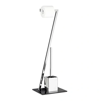 Image of Relaxdays Glass Toilet Brush and Holder, Size: 77 x 25 cm Metal Paper Holder in Stainless Steel Look, Free Standing, Silver