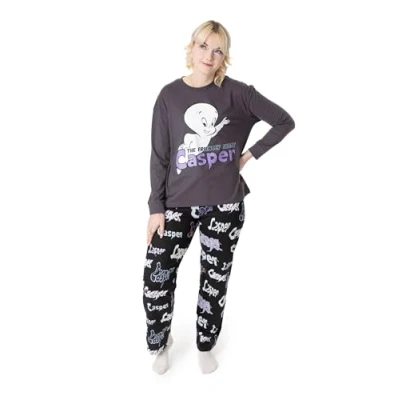 Image of Vanilla Underground Casper the Friendly Ghost Womens Pyjama Set Adults Character Graphic Long Sleeve Top &amp; Leg PJ Bottoms in Grey Black Ladies Print Nightwear