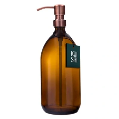 Image of Kuishi Amber Glass Pump Bottle with Stainless Steel [1000ml,Bronze Pump], Soap Dispenser Refillable Brown Bottles Ideal for Handwash, Shampoo, Conditioner, Shower Gel (BPA Free)