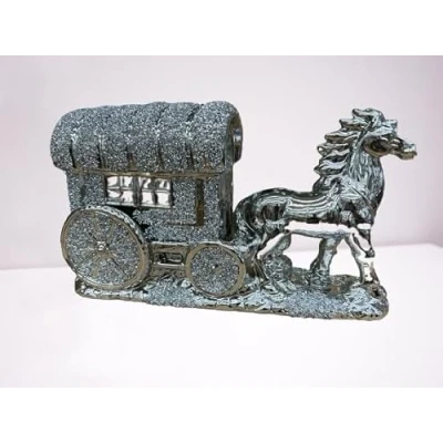 Image of DEENZ Horse With Round Wagon Buggy Gypsy Big Wheels Crushed Diamond Carriage Ornament Shelf Sitter Bling Home Decor Best For Gift (Silver)