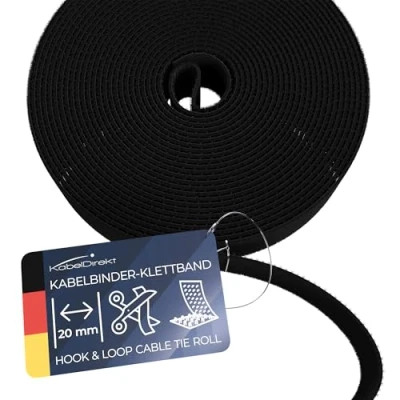 Image of KabelDirekt hook and loop cable ties 10 m x 20 mm environmentally friendly tie roll, individually cuttable &amp; reusable (Cable protecting black)