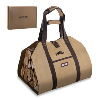 Image of Goture 20oz Waxed Canvas Log Carrier Bag, Water Resistant Wood Carrying Bag with Dual Handles, Open Side Firewood Storage Tote for Kitchen Camping Trip Gift