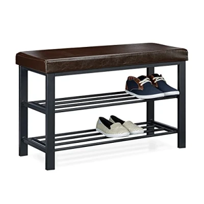 Image of Relaxdays Shoe Bench, 49 x 81 32 cm Open Shelves, Padded Seat w/ Faux Leather Cover, for 6 8 Pairs, Backless, Brown