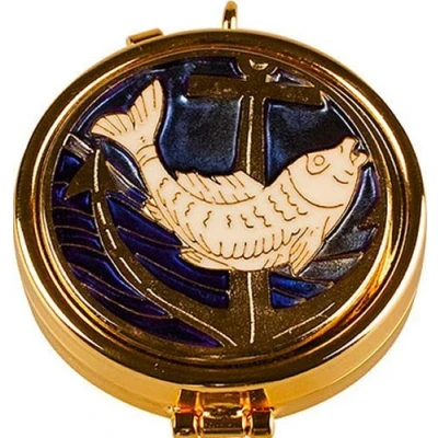 Image of Catholic Gift Shop Pyx with Enamel Fish Motif &amp; Lourdes Prayer Card