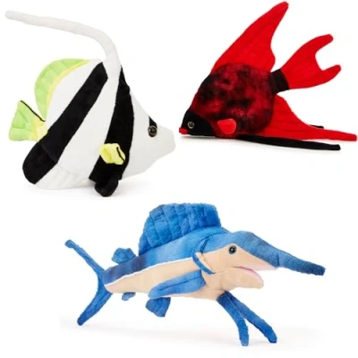 Image of Zappi Co x3 Triple Fish Ocean Pack of Childrens Playful Soft Cuddly Plush Toy realistic life like (20 22cm) (Angel +Swordfish +Tropical Fish)