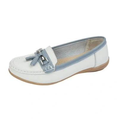 Image of Womens Ladies Moccasins Two Tone Leather Tassel Loafers Comfort Boat Baby Blue Shoes Size UK 8