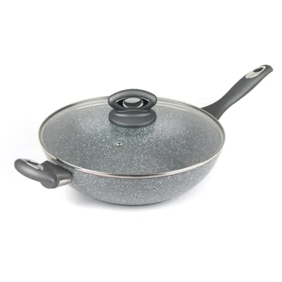 Image of Salter BW02772GEU7 Marblestone 28cm Wok Non Stick, Tempered Glass Lid, Grey Marble Effect, PFOA Free, Corrosion Resistant Forged Aluminium, Suitable For All Hobs, Dishwasher Safe, Stay Cool Handle