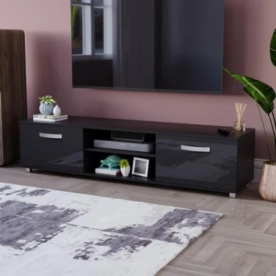 Image of Vida Designs Cosmo TV Unit 2 Door Modern Gloss Matte MDF Living Room Cabinet Media Stand Furntiure Black 160cm