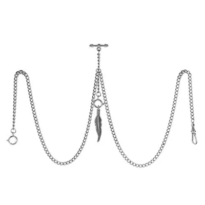 Image of TREEWETO Men&#039;s Double Albert Chain Pocket Watch Curb Link Key 3 Hooks with Antique Silver Leaf Pendant Design Charm Fob T Bar