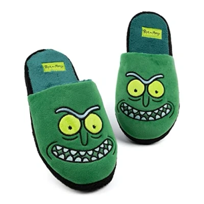 Image of Rick and Morty Mens Slippers Adults Animated Character Pickle Green Slip On House Sliders Series Merchandise 9 10 UK