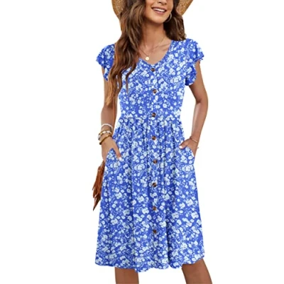 Image of MOLERANI Women Summer Dresses Ruffle Sleeve V Neck Casual Swing Elastic Waist Midi Dress with Pockets Pure Blue White Floral S