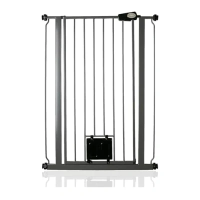 Image of Bettacare Pet Gate with Lockable Cat Flap, Narrow, 68.5cm 75cm, Slate Grey, 104cm in Height, Extra Tall Narrow Dog Safety Barrier Easy Installation