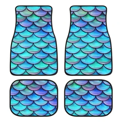 Image of Mermaid Car Floor Mats Set of 4,Blue Scale Print Vehicle Front Rear Carpets Mat Fish Scales Pattern Rugs Non Slip Auto Accessories Universal Fit for SUV Truck Van