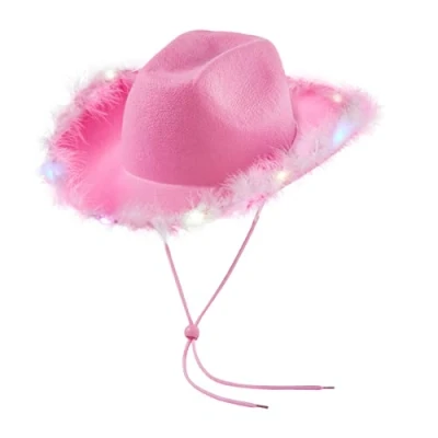 Image of Light Up Cowboy Hats for Women Fluffy Feather Brim LED Cowgirl Hat Bachelorette, Costume Party, Play Dress (Pink)